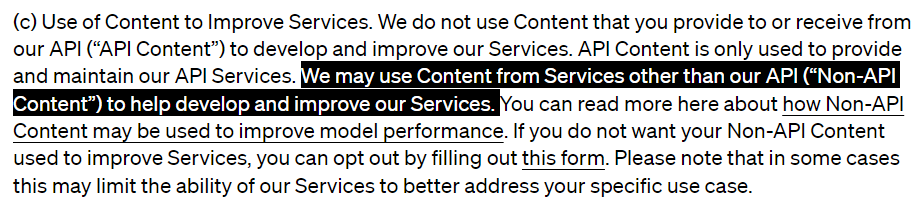 Snippet of OpenAI Terms of Service