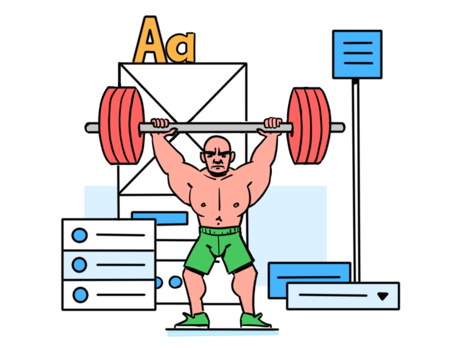 Weight lifter on steroids surrounded by design system components.