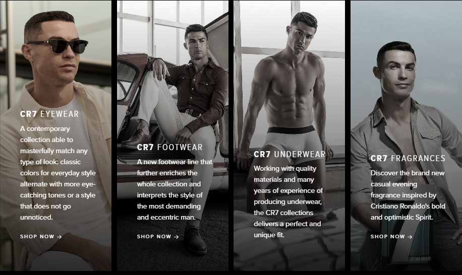 Screenshot of Cristiano Ronaldo’s Website. Includes several pictures of him endorsing his brands.