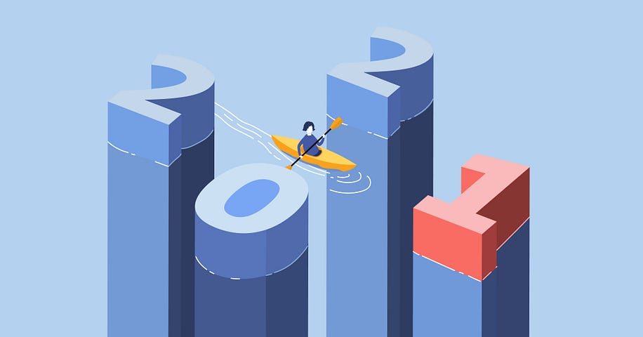 Illustration of a woman wading a kayak through four block-like numbers: 2021, on a blue background.