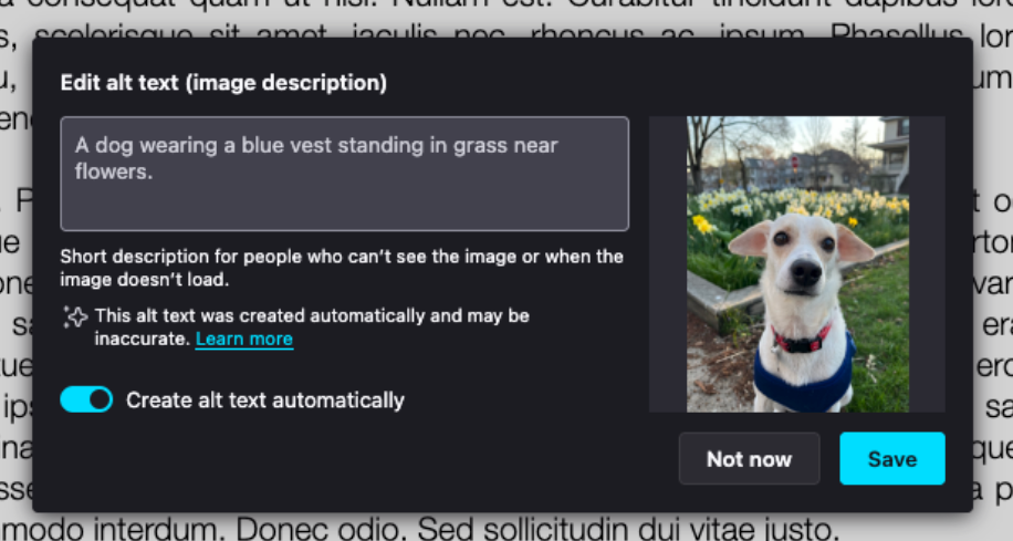 Screenshot of the alt text PDF tool with an image of a dog described as “A dog wearing a blue vest standing in grass near flowers”