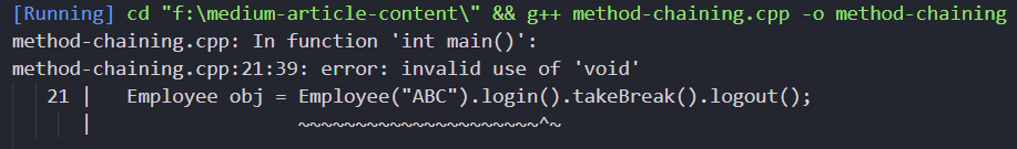 Error message by the compiler when method chaining is performed with the function returning *this.