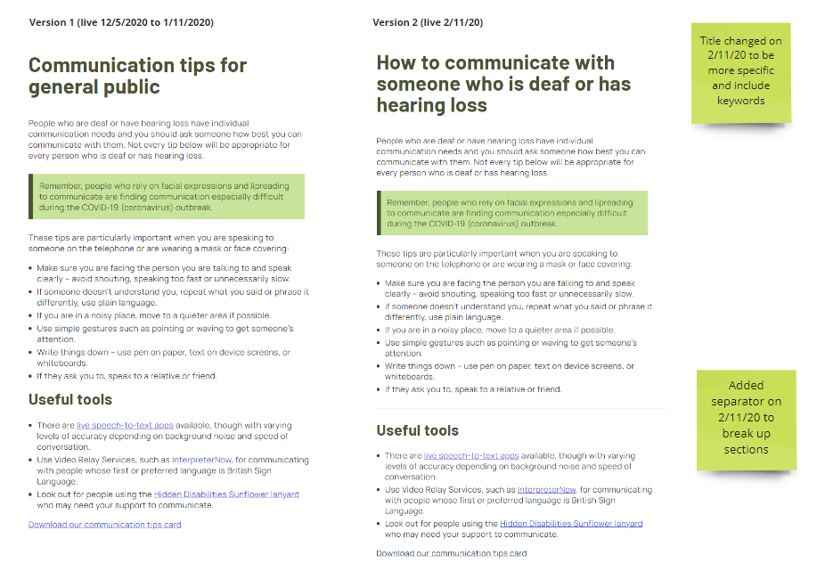 Two different versions of a webpage displayed side-by-side, with post-it notes explaining the differences between the two versions