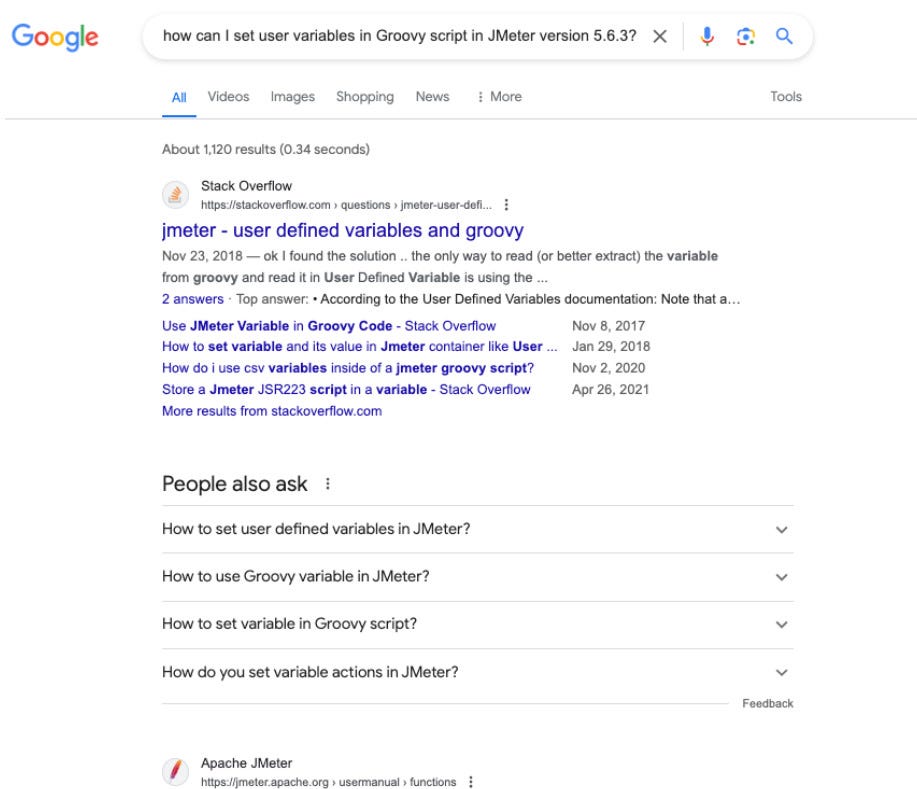 Google search results page for setting variables in JMeter, illustrating traditional search methods before AI-driven search enhancements.