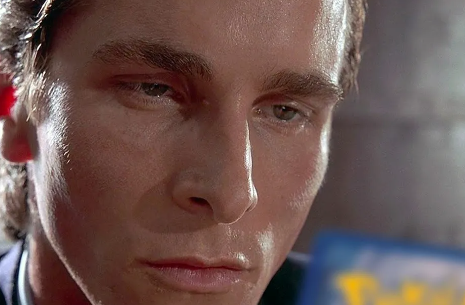 Image of sweaty Patrick Bateman (Christian Bale) in the credit card scene from American Psycho