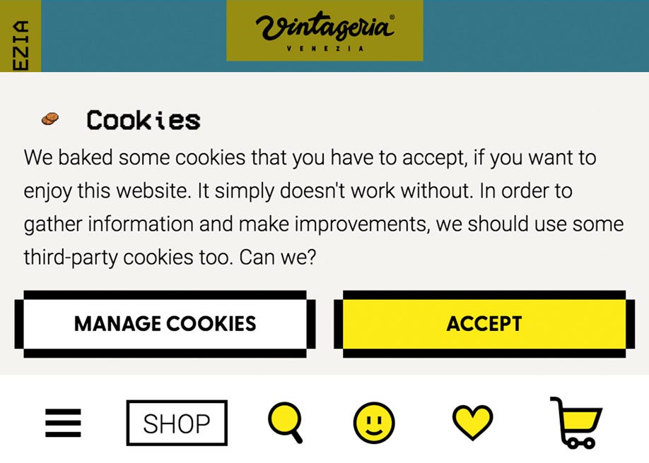A pop-up asking the user to manage cookies or accept