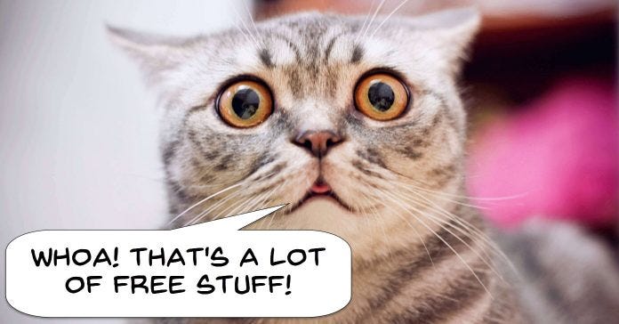 Comical image of a cat surprised about free video assets.