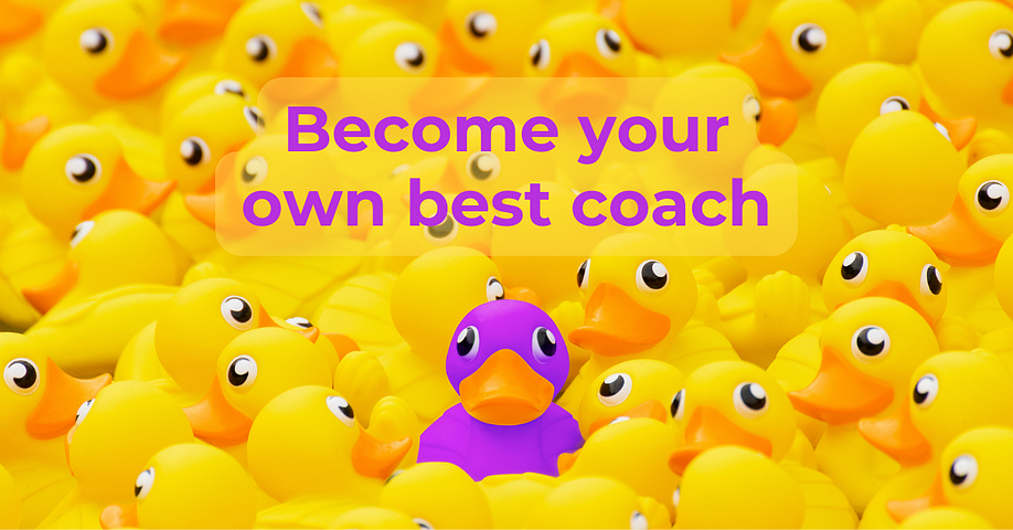 A purple rubber duck among dozens of yellow rubber ducks. Title says, “Become your own best coach”