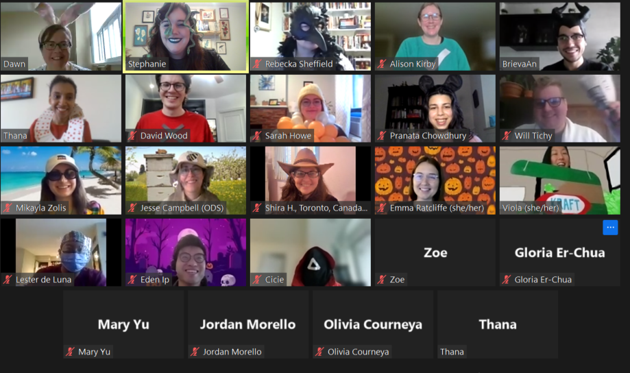 Screengrab of members of the policy team dressed up in halloween costumes during a stand-up meeting.