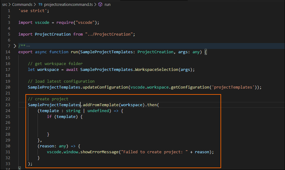 Call addFromTemplate() method inside the command we created in the projectcreationcommand.ts file