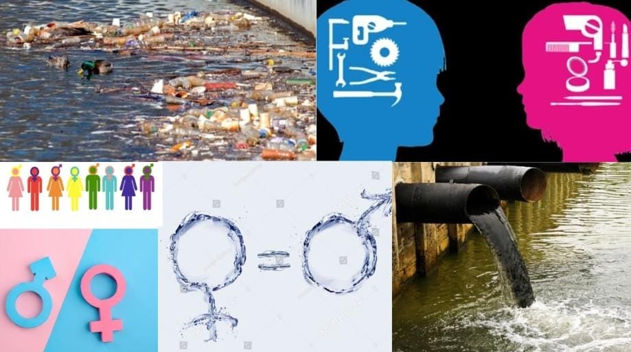 a collage depicting pictures related to water pollution and gender inequality