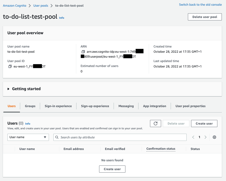 AWS Cognito new user pool created