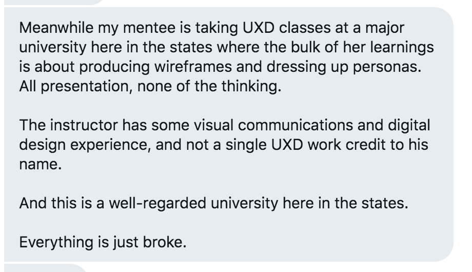 Twitter post on the state of UX Classes