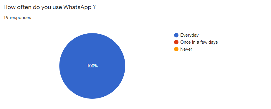 19 participants were asked how often they used WhatsApp, the pie chart shows that all participants use WhatsApp everyday.