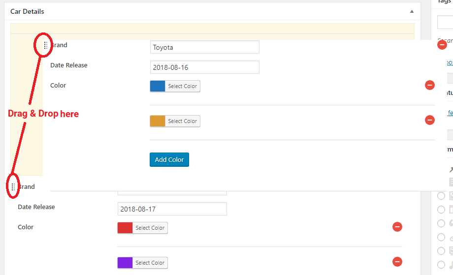 drag and drop respective groups/ custom fields