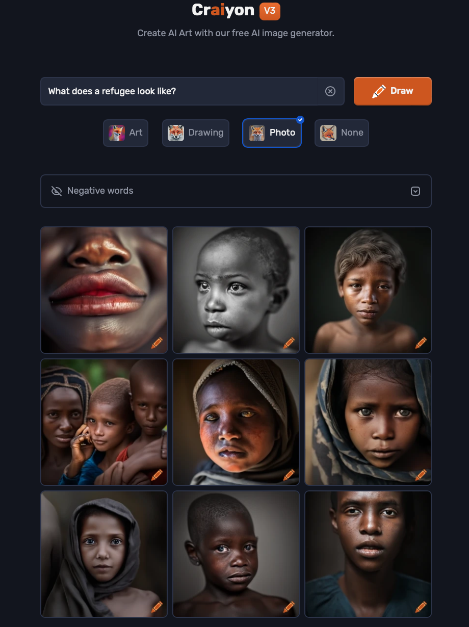 Grid of Craiyon-generated images of “refugees” dominated by forlorn and emaciated faces of Black children.