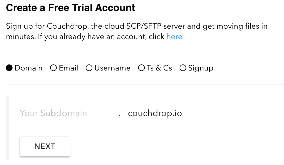 The Registration screen for creating an account in Couchdrop for SFTP to SharePoint transfers.