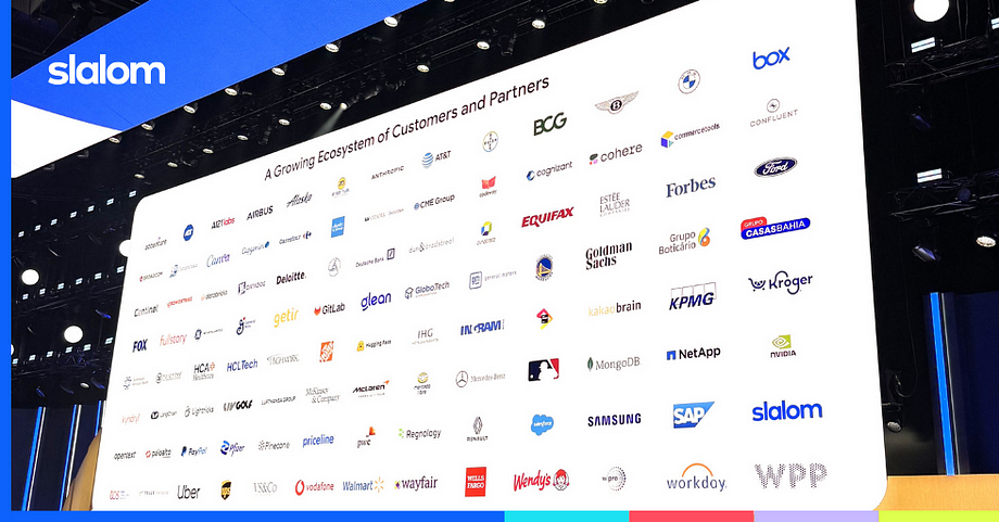 Projection at Google Cloud Next ’24 showing logos of partners and customers
