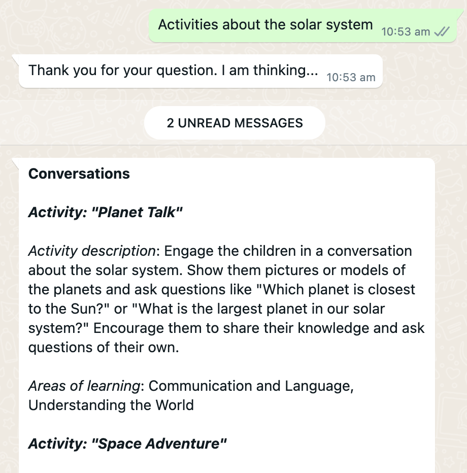 Screenshot of a Whatsapp app screen, showing an example of the user asking “Activities about the solar system” and the chatbot answering with ideas for conversations such as “Planet talk” and “Planet Facts”