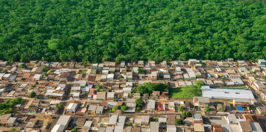 Photo of human buildings next to forest.