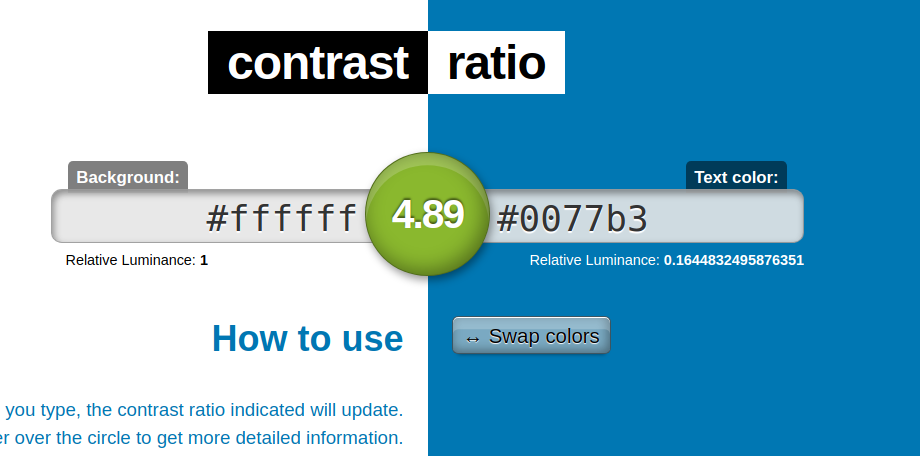 Screenshot of color contrast ratio for a darker shade of blue.