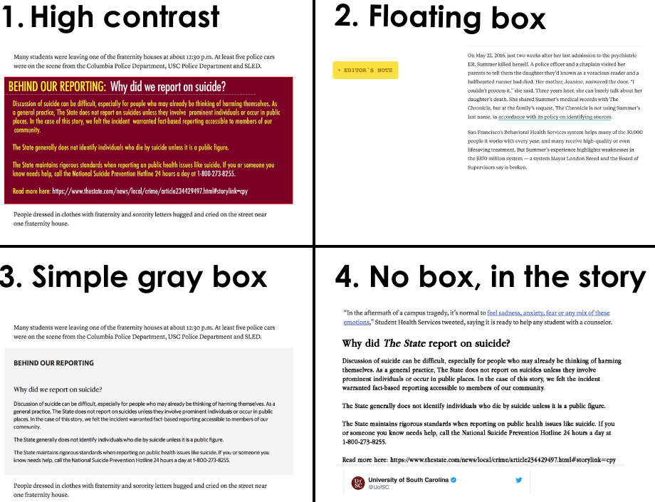 Four versions of transparency language: High contrast, Floating box, Simple gray box and No box.