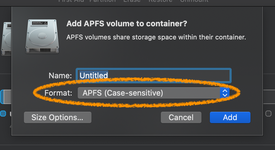 Make your new volume case sensitive by selecting APFS (Case-sensitive)
