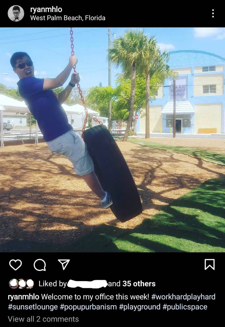 Instagram screenshot of Ryan hanging on a tire swing