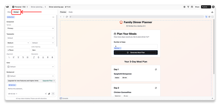 screenshot of v0’s new design tab