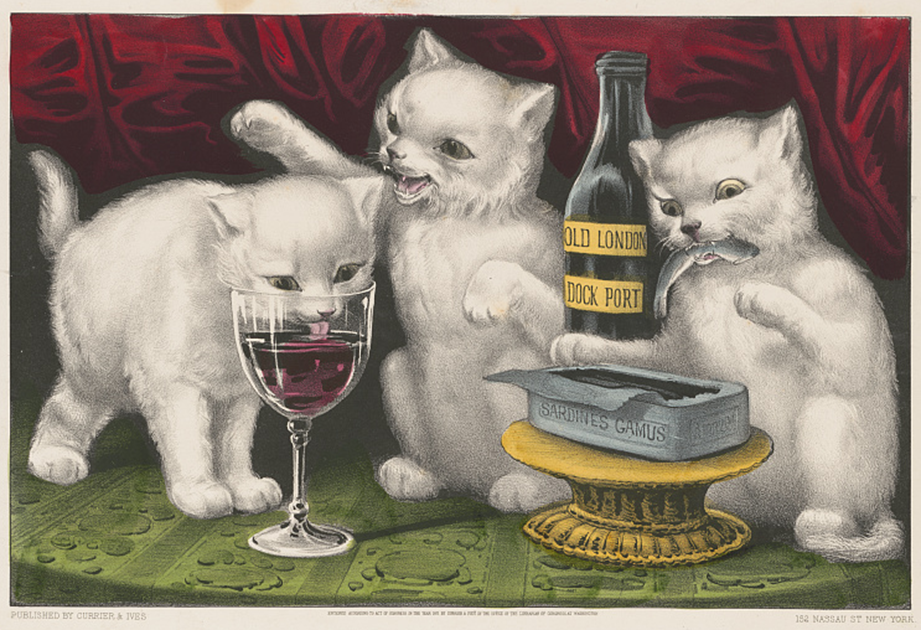Three kittens drinking wine and eating sardines. By Currier & Ives