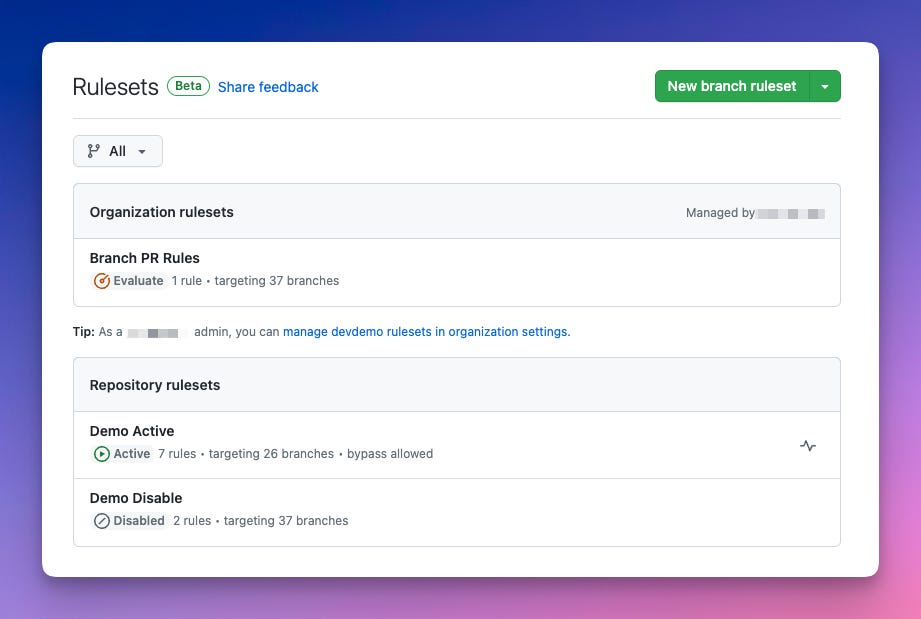 Github Rulesets Interface