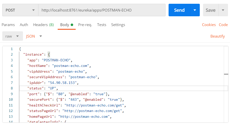 Postman code showing a request to the Eureka Server