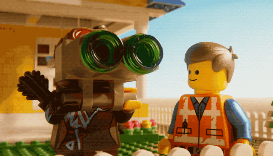 A Lego movie GIF showing someone looking through binoculars and looking surprised as Emmett looks on.