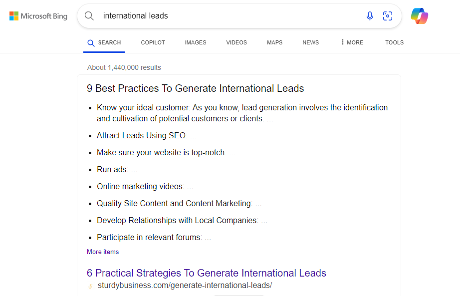 featured snippet on Bing for the keyword international leads