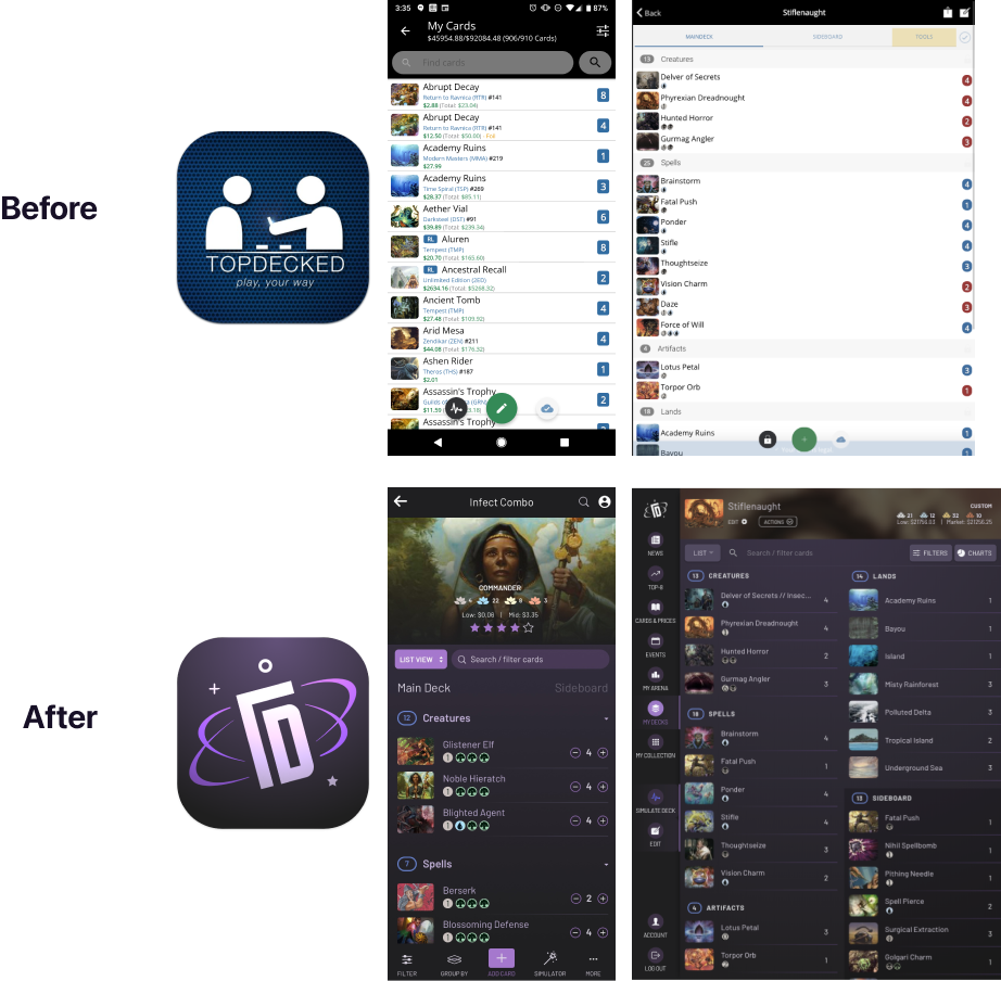 Before and after preview of TopDecked’s app icon and mobile/tablet UI