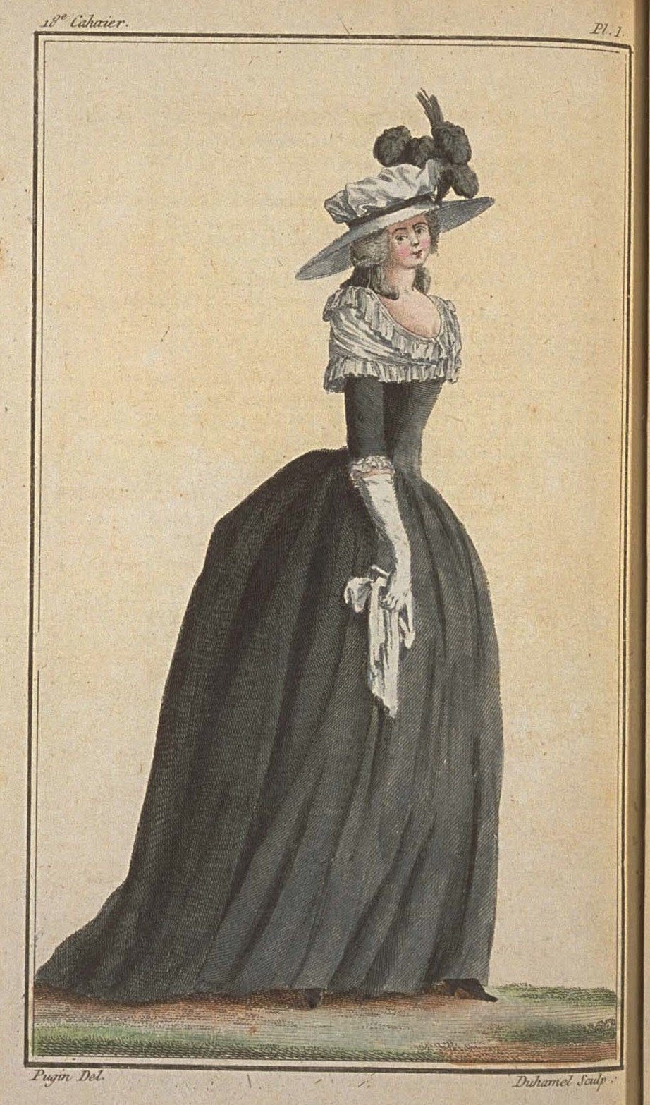 An eighteenth century woman in a black gown with white cap, white kerchief, white gloves, and white handkerchief.