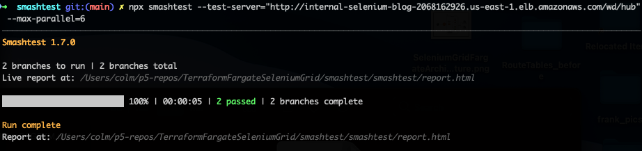 Screenshot of terminal output showing the smashtest command to run tests against the Selenium Grid