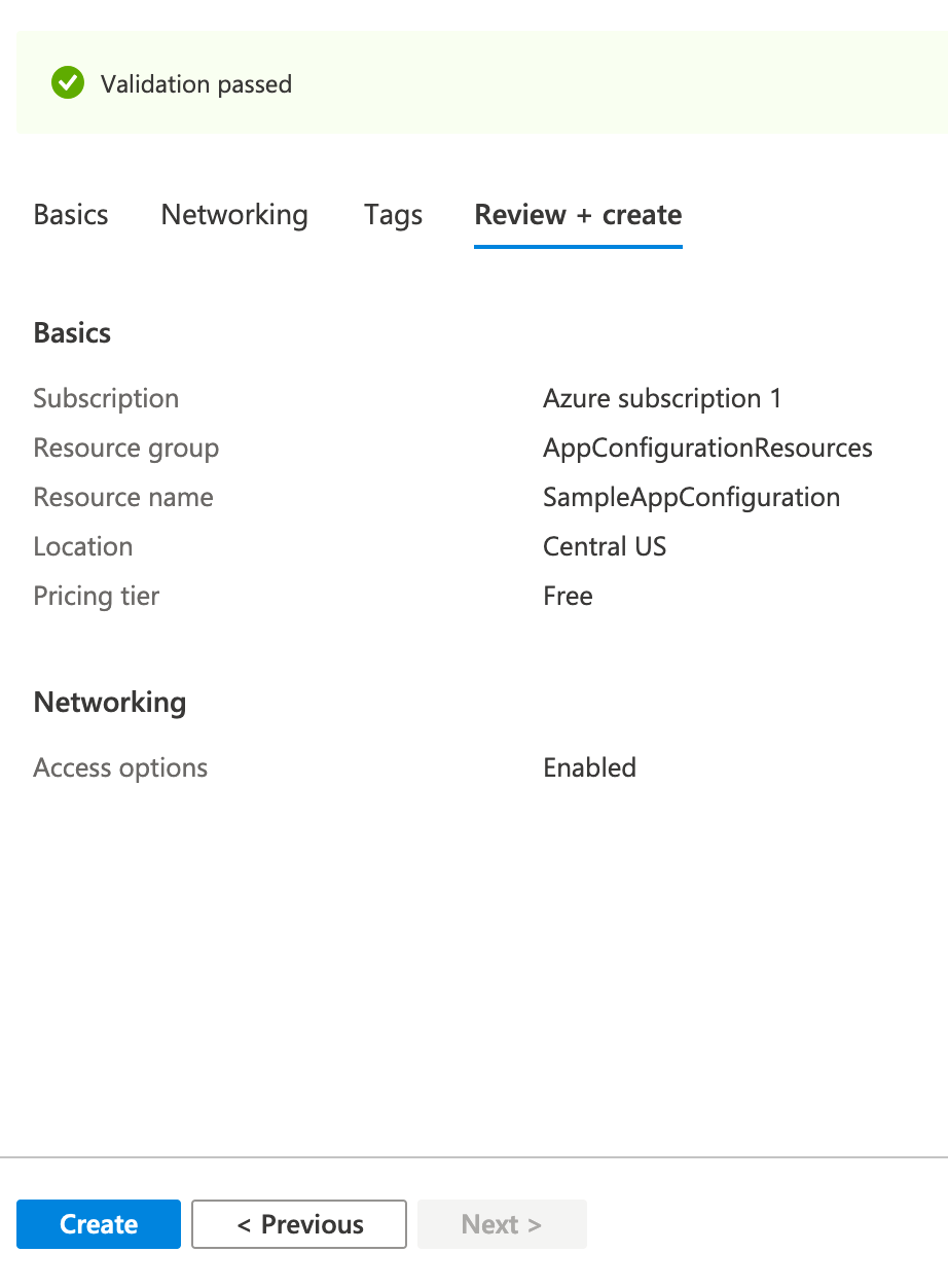 A successful validation of Azure App Configuration parameters.