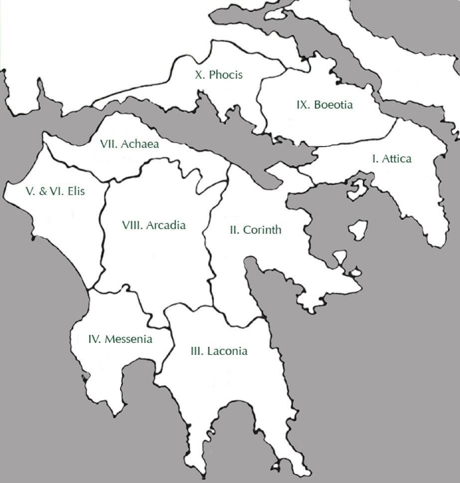 A visualisation showing how the ten books of Pausanias map on to the Greek mainland, starting with Attica (Book 1), going clockwise around the Peloponnese (Books 2–8), and ending in Phocis (Book 10).