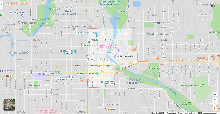 Downtown Sioux Falls Boundaries from Google Maps