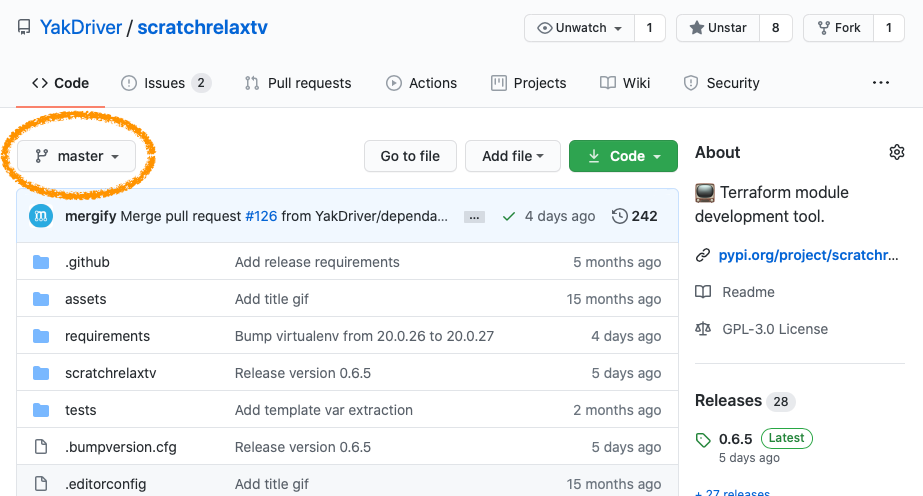 GitHub screenshot showing a repository with a master branch