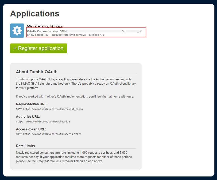 Import tumblr to wordpress get consumer and secret key for tumblr application