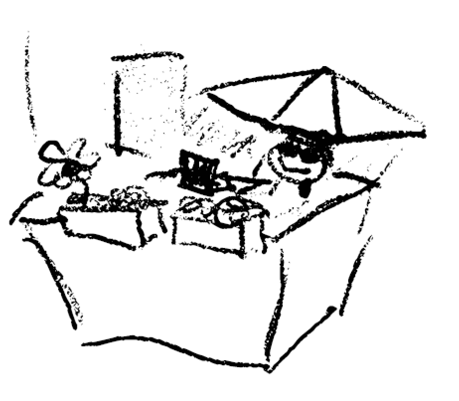 Sketch of a guy sitting under an umbrella on the balcony. He is wearing sunglasses and sitting in front of an electronic device. He is happy.