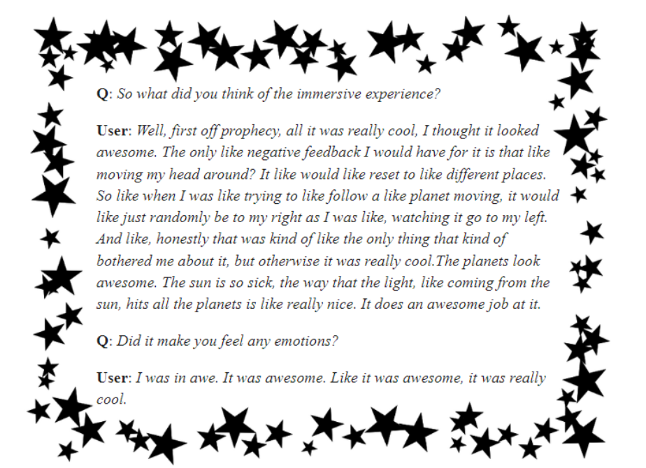 This image is a transcript of a user test, with a a border of stars.