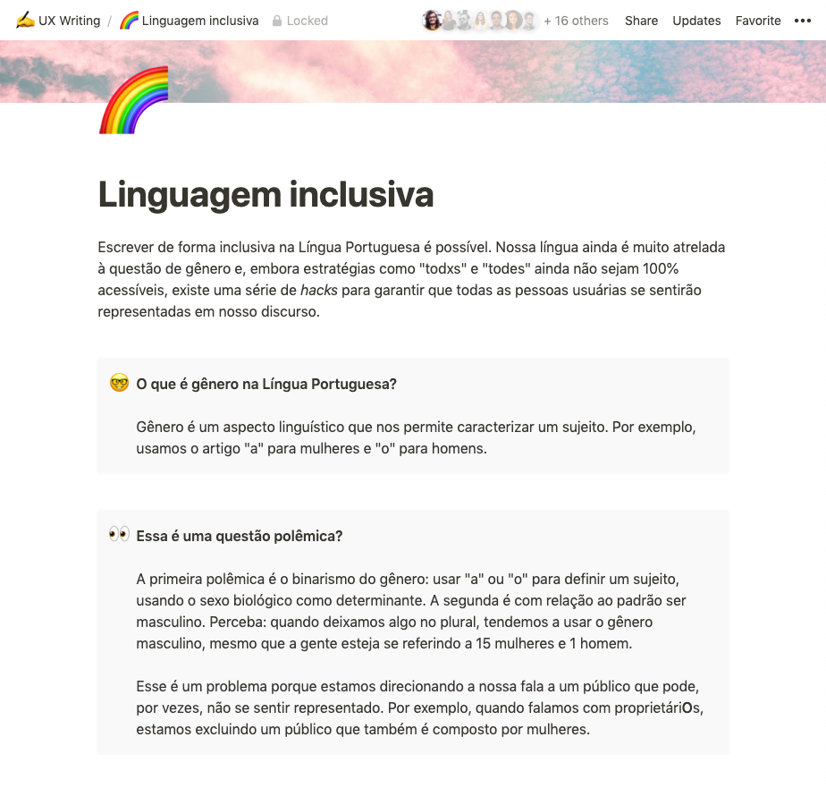 Página de um artigo com o título “Linguagem inclusiva”, acompanhado de um emoji de arco-íris.