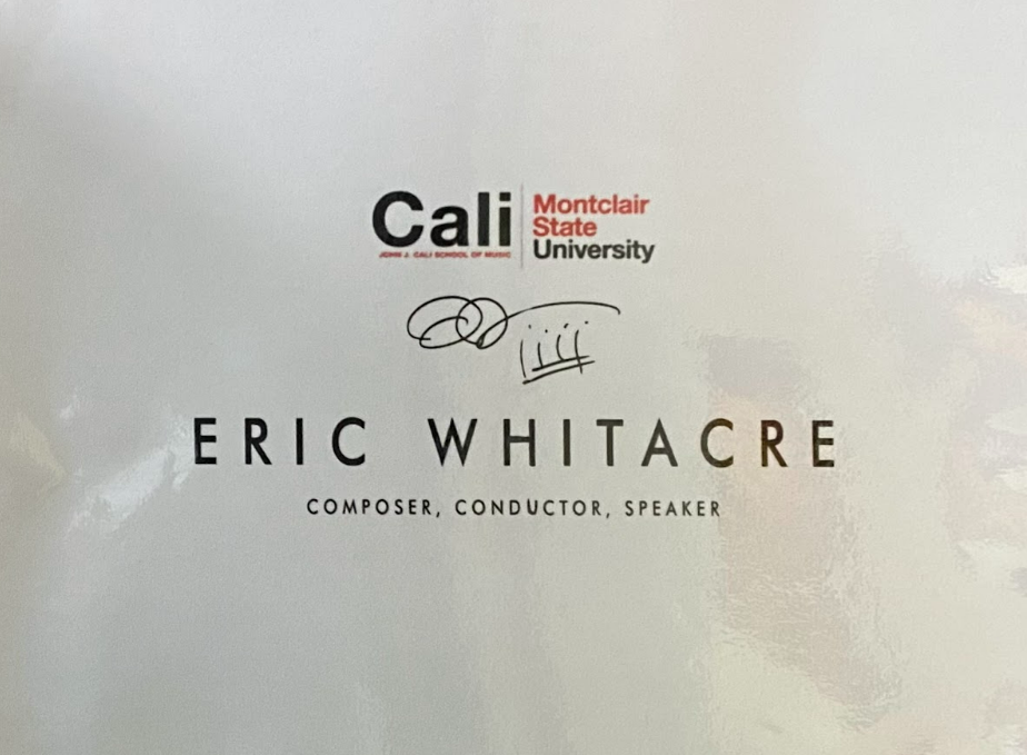 Eric Whitacre’s nameplate on the outside of the interview door in Chapin Hall of Montclair State University.
