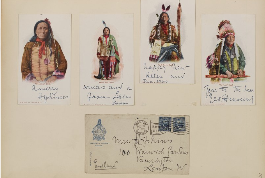 Four annotated postcards depicting American Indians, with colourful portrait illustrations of individual figures in traditional dress. Back of postcard with stamps featured at the bottom.