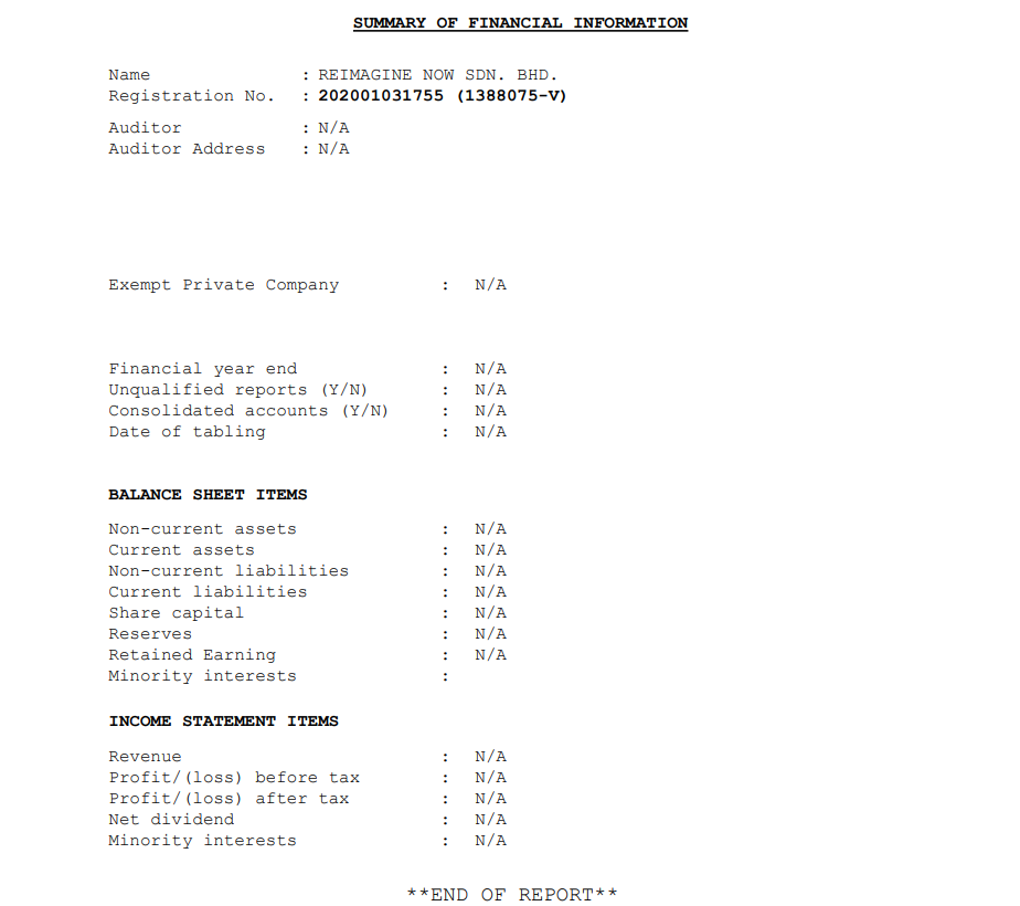 Reimagine Now’s financial records. All entries read ‘N/A’.