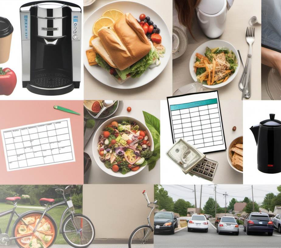Collage of various money-saving elements including a brewing coffee maker, a grocery cart with healthy foods, a bicycle beside a car, a home thermostat, and a group enjoying a potluck dinner.