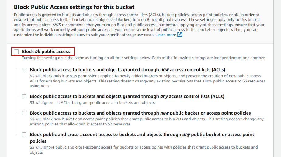 Disable Block all public access